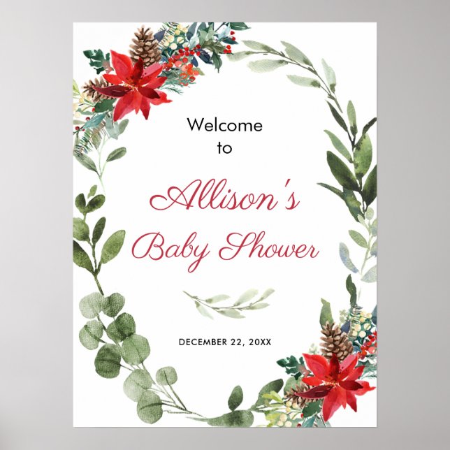 Póster Red poinsettia greenery baby shower welcome poster (Frente)