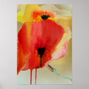 Póster Red Poppies fluido acuarela moderna flor