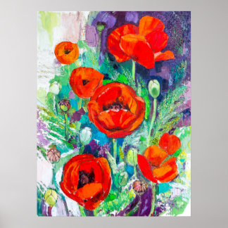 Póster Red Poppies Impasto Oil Painting Style 
