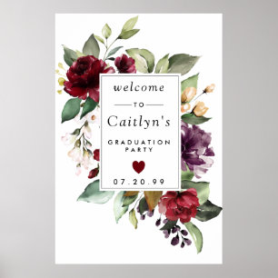 Póster Red Purple Floral Graduation Party Welcome Sign