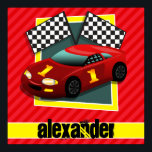 Póster Red Race Car; Scarlet Red Stripes<br><div class="desc">Cool, colorful kid's race car, red, yellow, checkered flag, auto racing design on Scarlet Red Stripes pattern. Perfect gift for baby, toddler, kids, children, teens, or adults! Personalized the design template by adding a child's name or custom text. Visit our store, Birthday Party House, for more great customizable boy products!...</div>