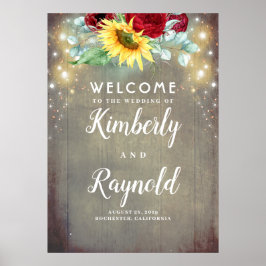 Póster Red Rose and Sunflower Rustic Fall Welcome Sign
