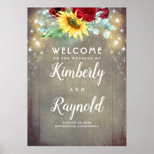 Póster Red Rose and Sunflower Rustic Fall Welcome Sign