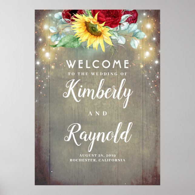 Póster Red Rose and Sunflower Rustic Fall Welcome Sign (Frente)