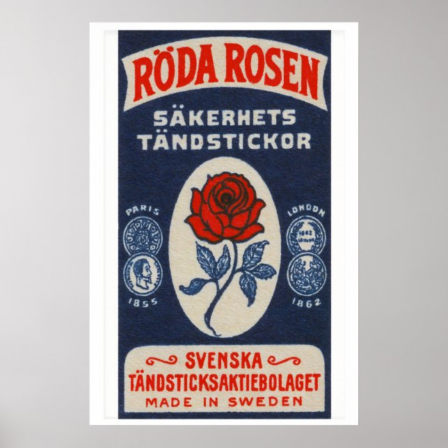 Póster Red Rose Matchbox Art Print, Swedish Vintage Folk (Frente)
