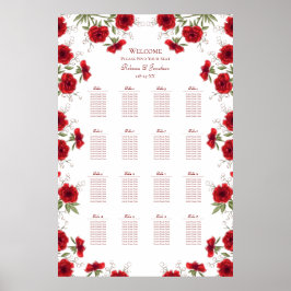 Póster Red Rose Romantic Wedding Seating Chart
