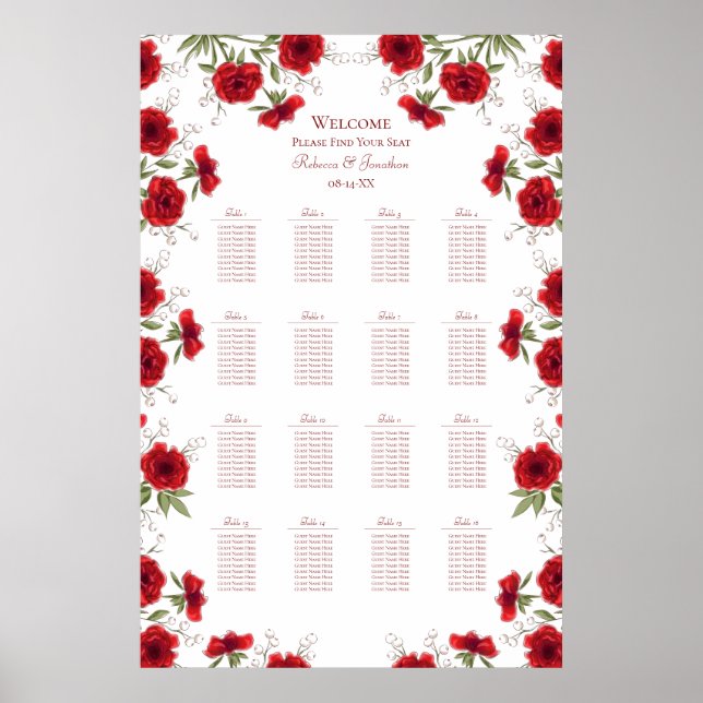 Póster Red Rose Romantic Wedding Seating Chart (Frente)