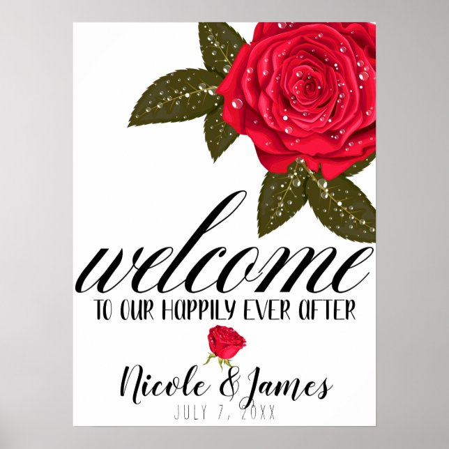 Póster Red Rose Wet Water Dew Drops Wedding Welcome (Frente)