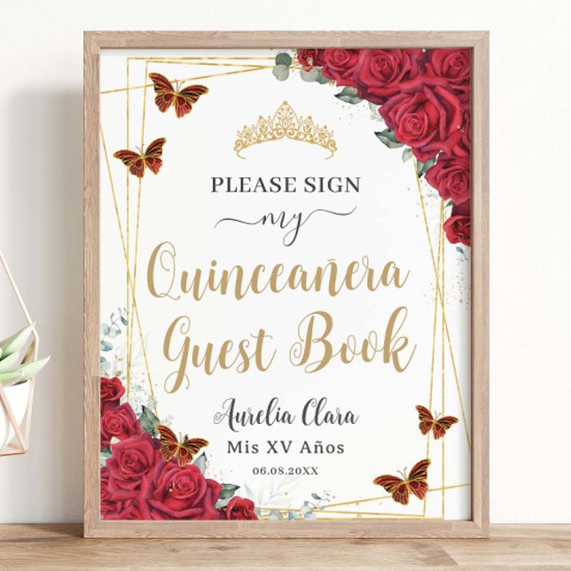 Póster Red Roses Quinceanera Birthday Guest Book Rótulo (Subido por el creador)