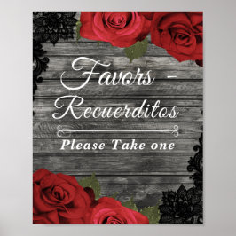 Póster Red Roses Rustic Black Lace Wedding Favor Sign