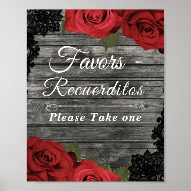 Póster Red Roses Rustic Black Lace Wedding Favor Sign (Frente)