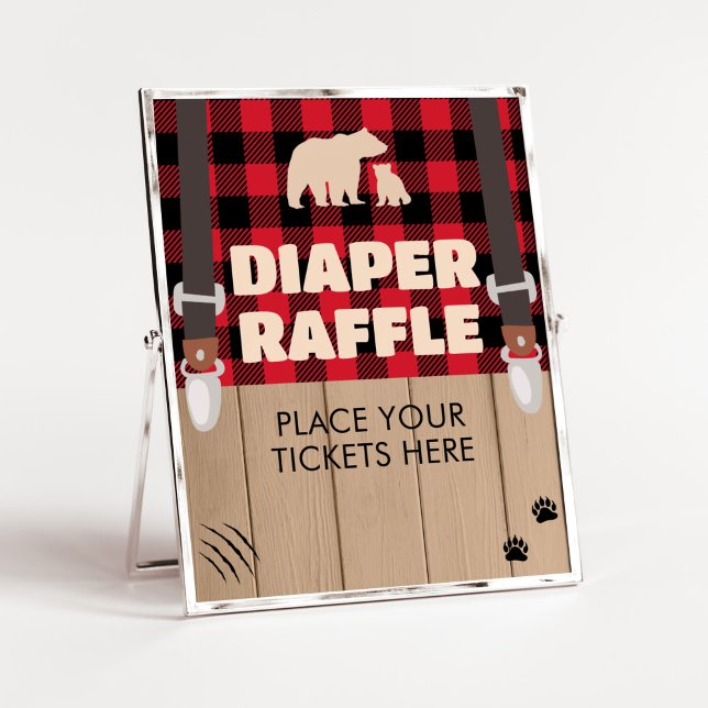 Póster Red Rustic Plaid Lumberjack Diaper Raffle (Plaid Lumberjack Baby Shower Diaper Raffle Sign)