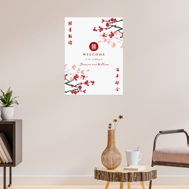 Póster Red Sakura Double Happiness Chinese Wedding Sign (Salón 3)