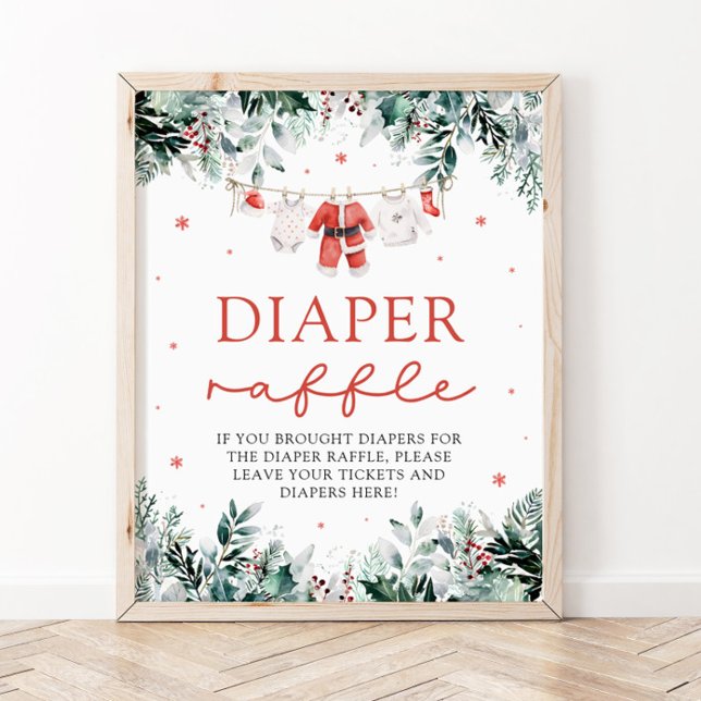 Póster Red Santa Baby Navidades Baby Shower Diaper Raffle (Watercolor Red Santa Baby Christmas Baby Shower Diaper Raffle Sign)
