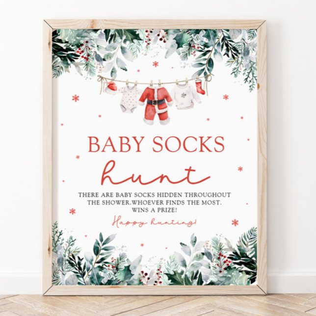 Póster Red Santa Gender Neutral Baby Socks Baby Shower (Watercolor Red Santa Gender Neutral Baby Socks Baby Shower Sign)