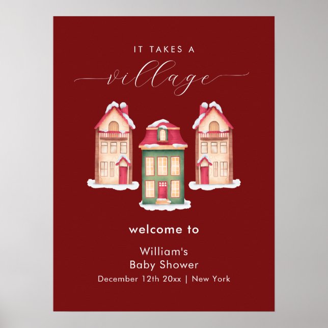 Póster Red Snow Gingerbread Village Baby Shower Welcome (Frente)