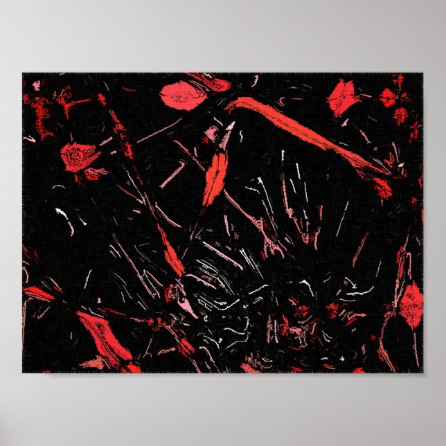 Póster Red splashes, abstract art, paint on black canvas (Frente)