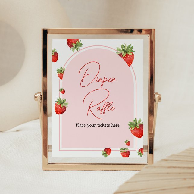 Póster Red Strawberry Baby Shower Diaper Raffle (Boho Berry Sweet Baby Shower Diaper Raffle Sign)