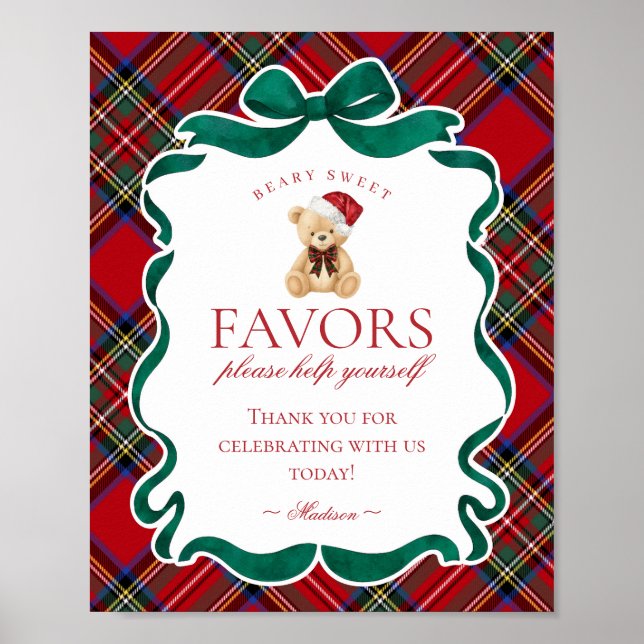 Póster Red Tartan Plaid Christmas Bear Party Favor Sign (Frente)