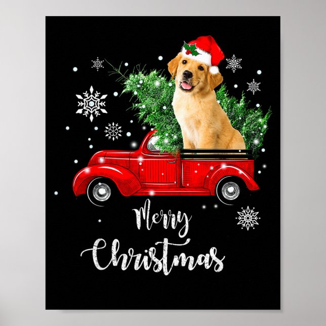 Póster Red Truck Merry Christmas Tree Golden Retriever Ch (Frente)
