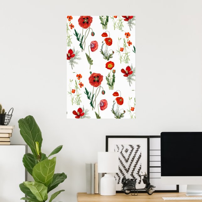 Póster Red Watercolor Poppies Florals (Oficina en casa)