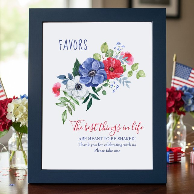 Póster Red White and Blue Floral Favor Table Sign (Favor Table Sign with red white and blue floral bouquet - perfect for patriotic themed celebrations)