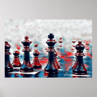 Póster Red, White, Blue Chess Pieces King, Queen, Bishop