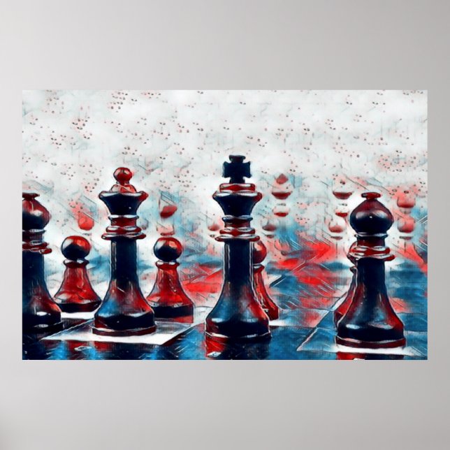 Póster Red, White, Blue Chess Pieces King, Queen, Bishop (Frente)