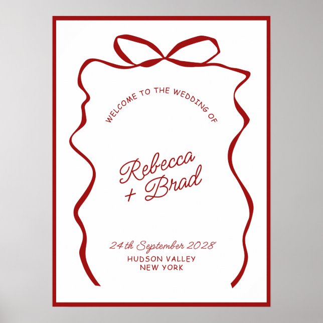 Póster Red & White Hand Drawn Bow Wedding Welcome Sign (Frente)