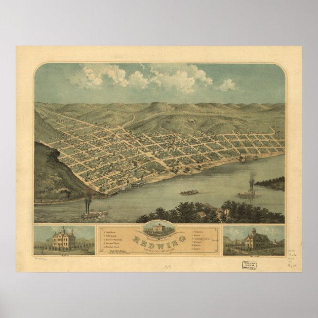 Póster Red Wing Minnesota 1868 Antique Panoramic Map (Frente)