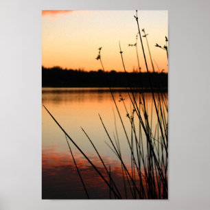 Póster Redes y reflexión a orillas del lago al atardecer