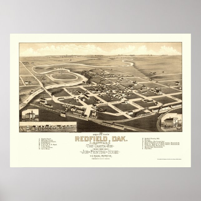 Póster Redfield, Mapa Panorámico SD - 1883 (Frente)