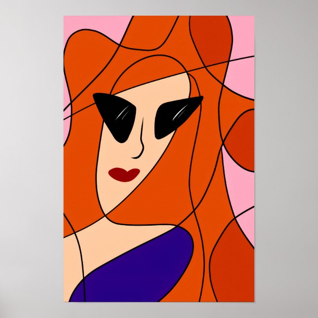 Póster Redhead de moda - Dibujo de líneas rosadas y Naran (Frente)