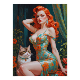 Póster Redhead Pin-Up con Cat Floral