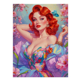 Póster Redhead Pin-Up con flores rosadas de huevo de Pasc