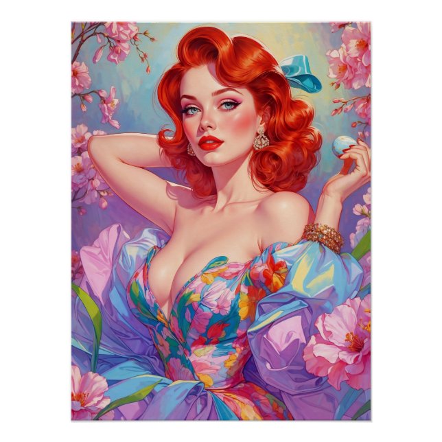 Póster Redhead Pin-Up con flores rosadas de huevo de Pasc (Anverso)
