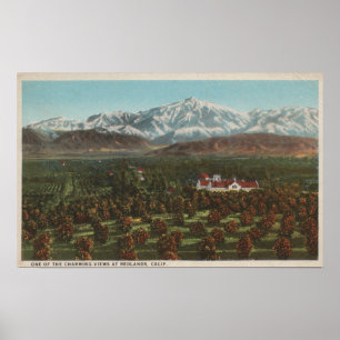 Póster Redlands, CA - montaña y escena de la huerta