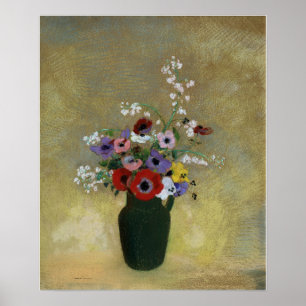 Póster Redon - Jarrón Verde Grande con Flores Mezcladas