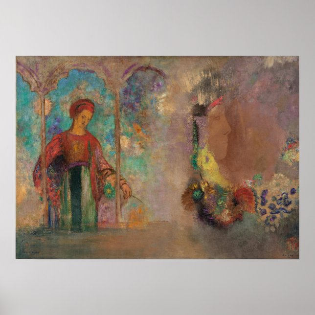 Póster Redon - Mujer en una arcada gótica mujer con flor (Frente)