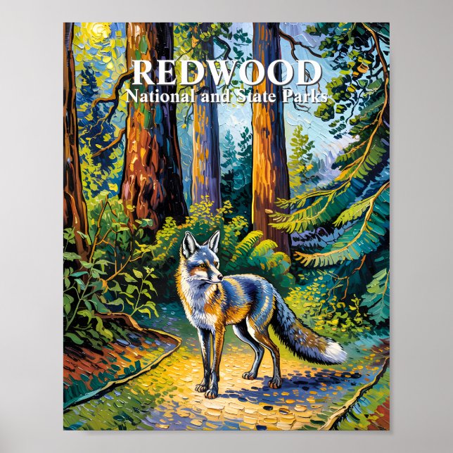 Póster Redwood National Park Van Gogh Forest Fox Custom (Frente)