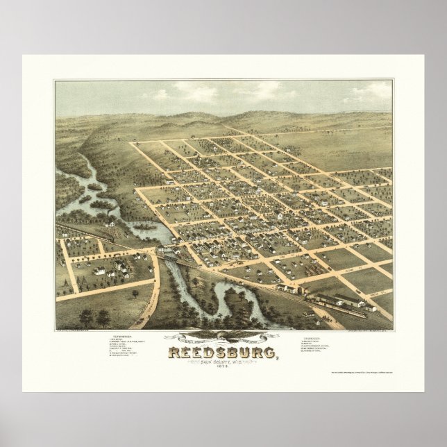 Póster Reedsburg, WI Mapa Panorámico - 1874 (Frente)