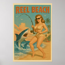 Póster Reel Beach Shark Fishing Pin Up -Retro Coastal Ar
