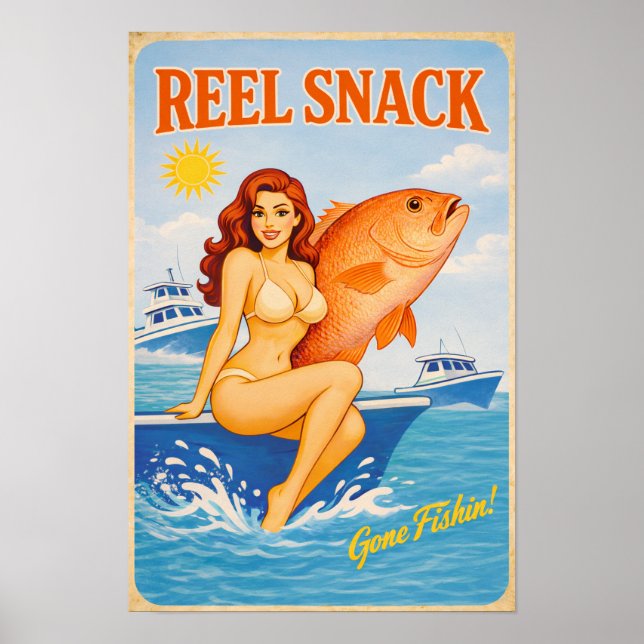 Póster Reel Snack Retro Pin-Up | Red Snapper Fishing Boat (Frente)