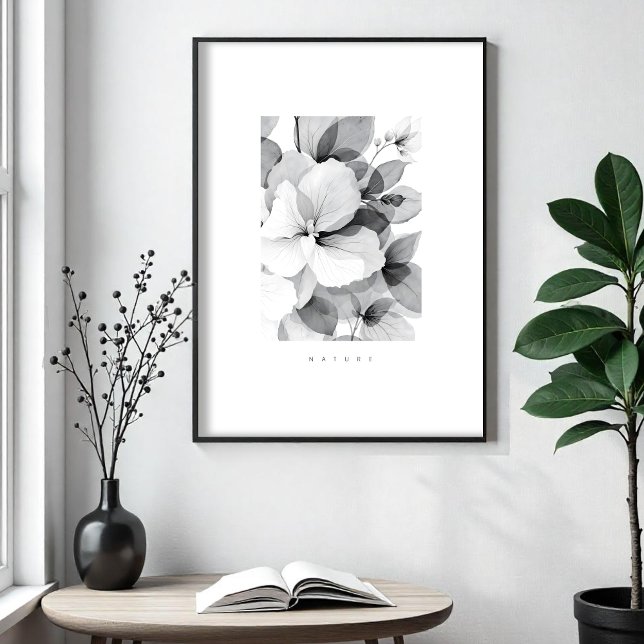 Póster Refined Black White Overlapping Leaves & Flowers (Refined Black & White Illustration of Overlapping Leaves and Flowers Posters.)