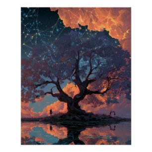 Póster Reflejo de árbol de puesta de sol ardiente Fantasí