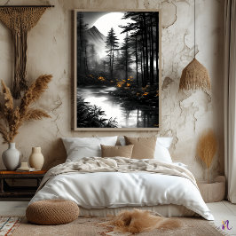Póster Reflejo de bosque iluminado por luna - Serenidad m