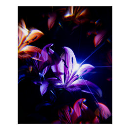 Póster Reflejo de Lirios Rosas con Rayos de Luz