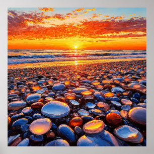 Póster Reflejo de puesta de sol vibrante en guijarros lis