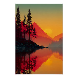 Póster Reflejo del amanecer en lago alpino con silueta de