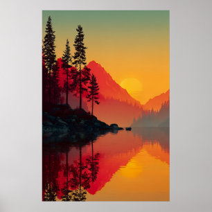 Póster Reflejo del amanecer Lago Alpino Silueta de la Mon